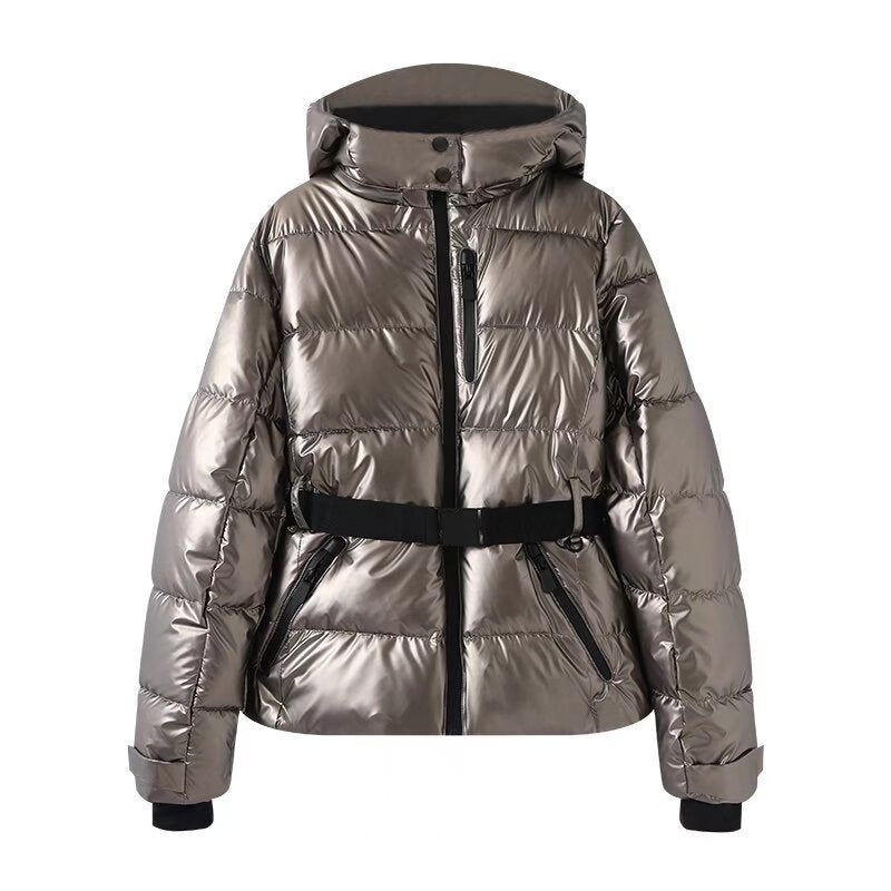 Women's Belted Down Jacket Warm Plaid Winter Street Style Fashion