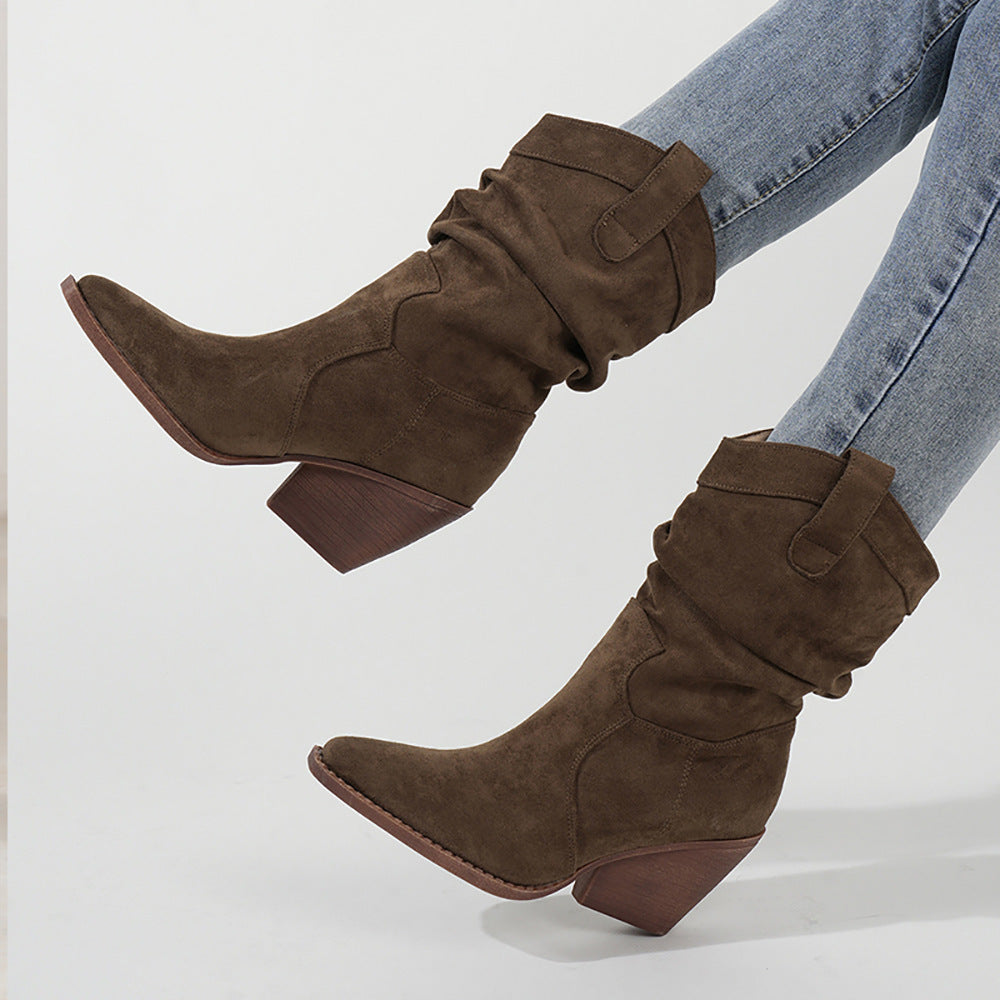Women's Chunky Heel Mid Calf Boots Brown Pointed Toe Fashion