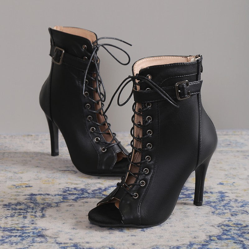 Women's Lace Up High Heel Peep Toe Sandals with Zipper