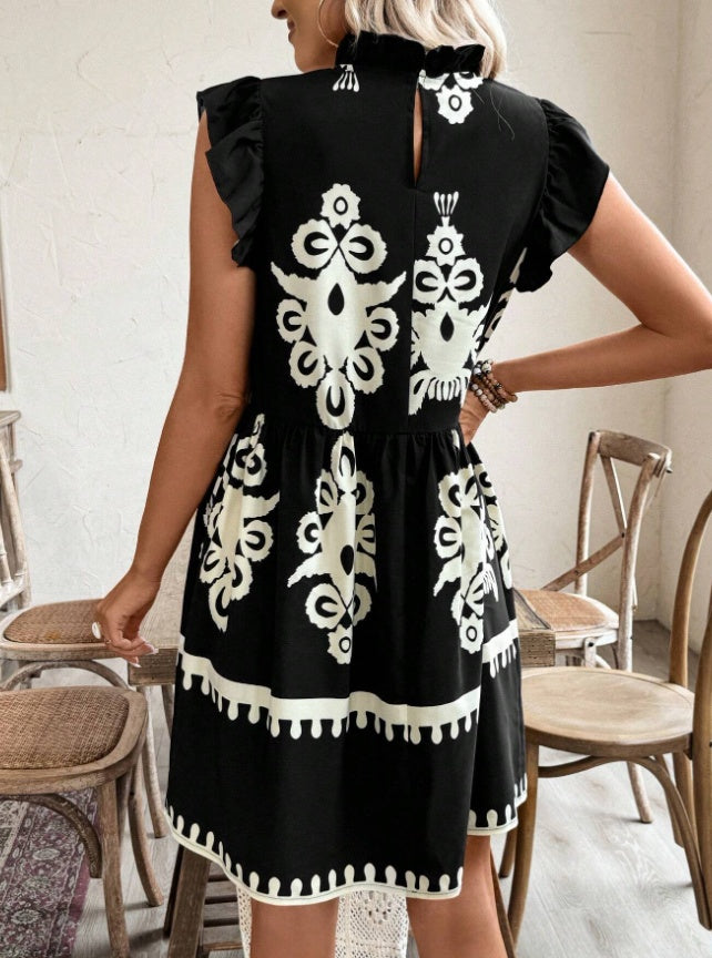 Women's Floral Ruffle Collar Flare Sleeve Loose Cake Dress Boho - LAKD London
