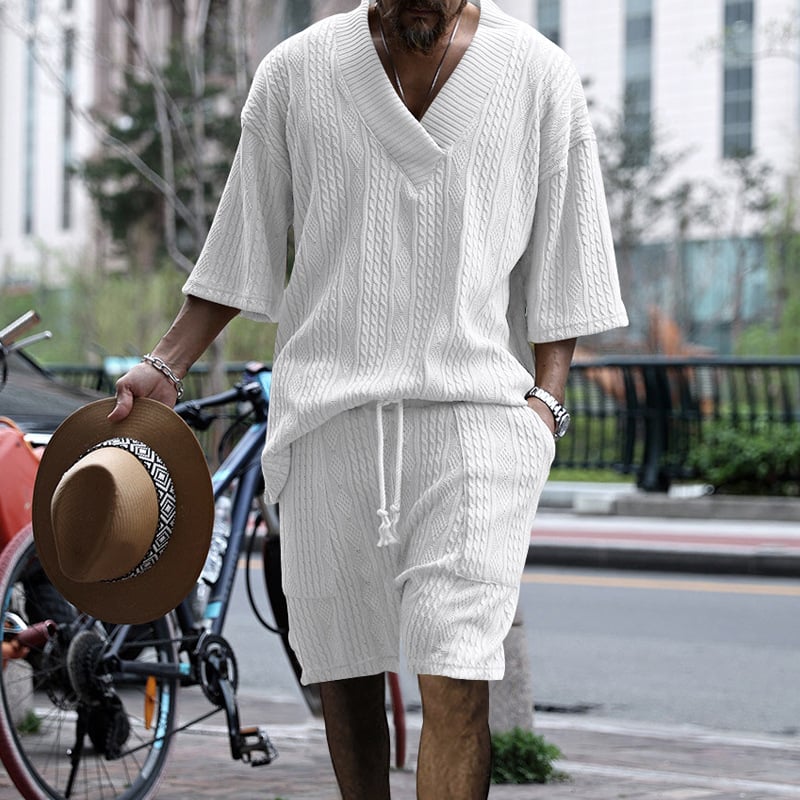 Men's Casual Jacquard Summer Two-Piece V-Neck Shorts Set