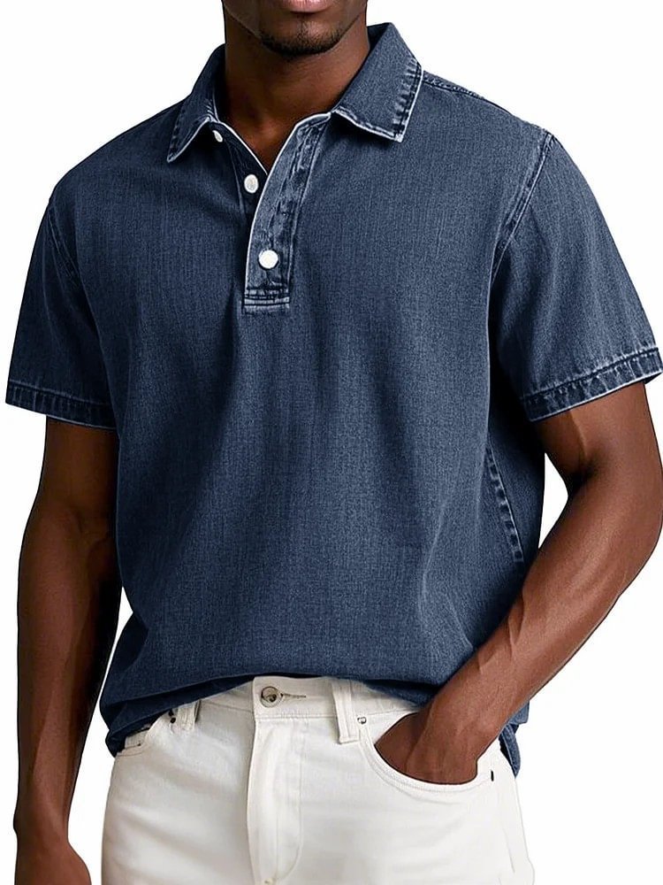 Men's Solid Colour Vintage Short Sleeve Lapel Polo Shirt Casual