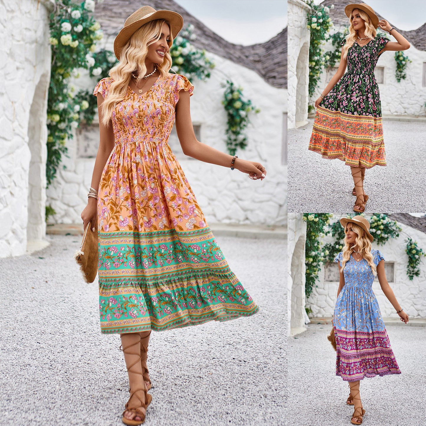 Women's Floral V-Neck Ruffle Sleeveless Bohemian Summer Beach Dress