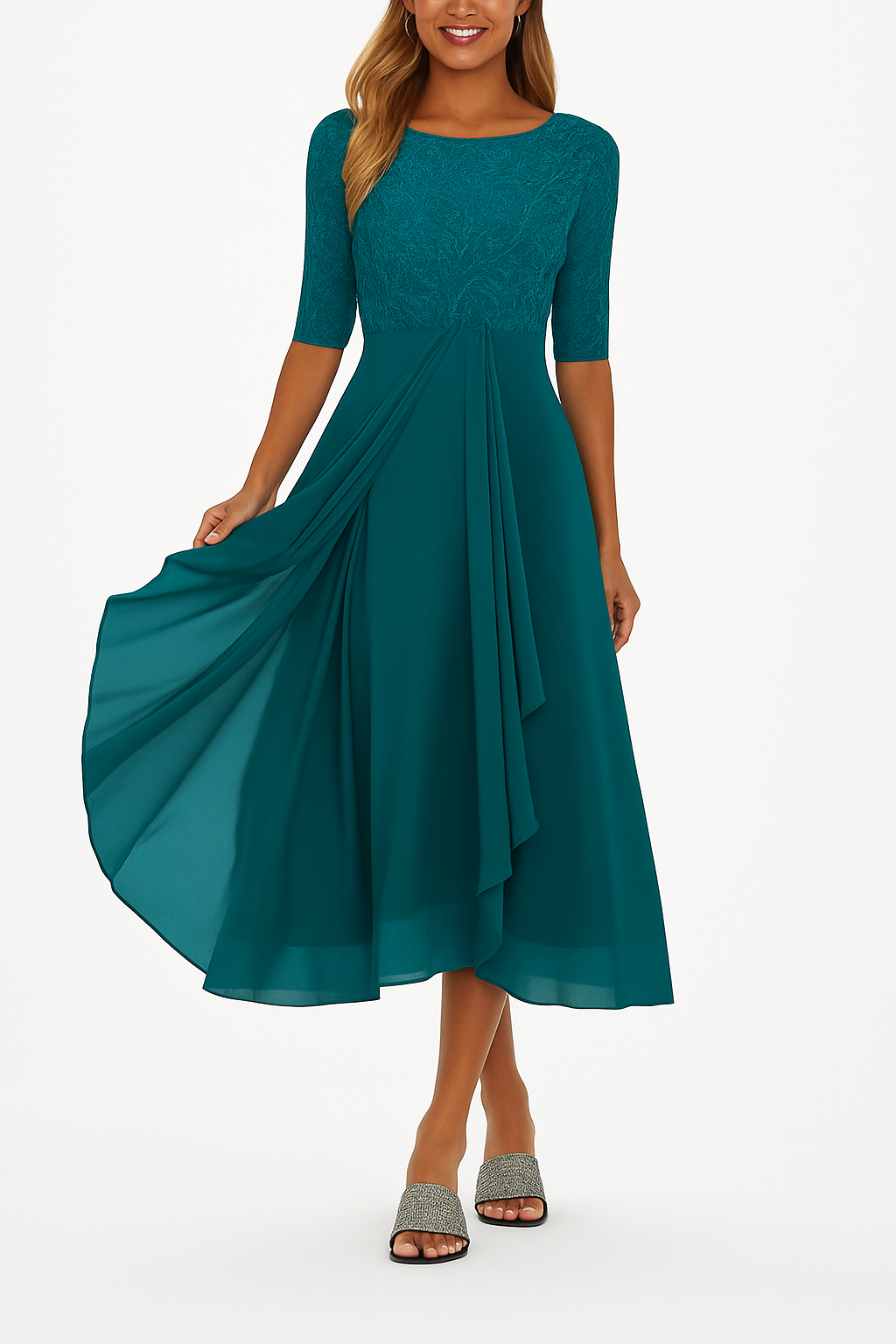 Women's summer lace bodice A-line midi dress by LAKD, featuring a sleeveless design and floral lace details.
