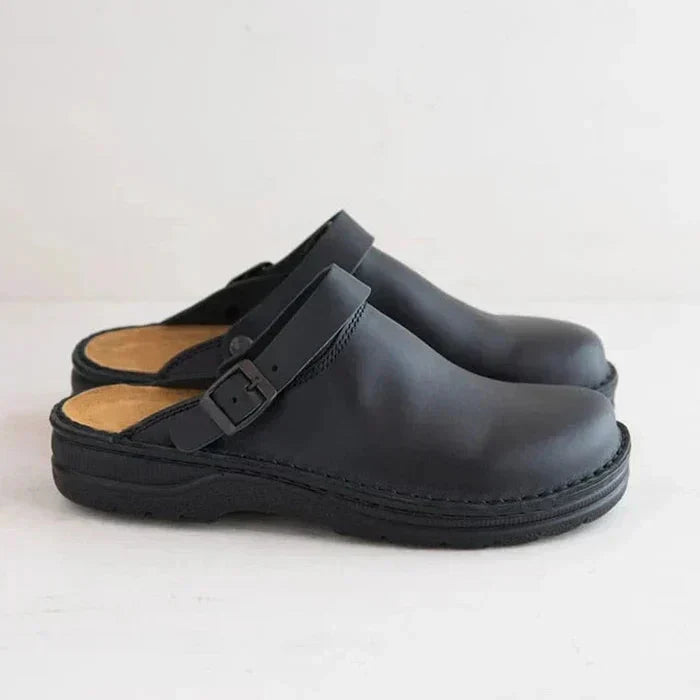 KRIZ | Orthopaedic Leather Slip-on Clogs With Adjustable Sandal Strap - LAKD London