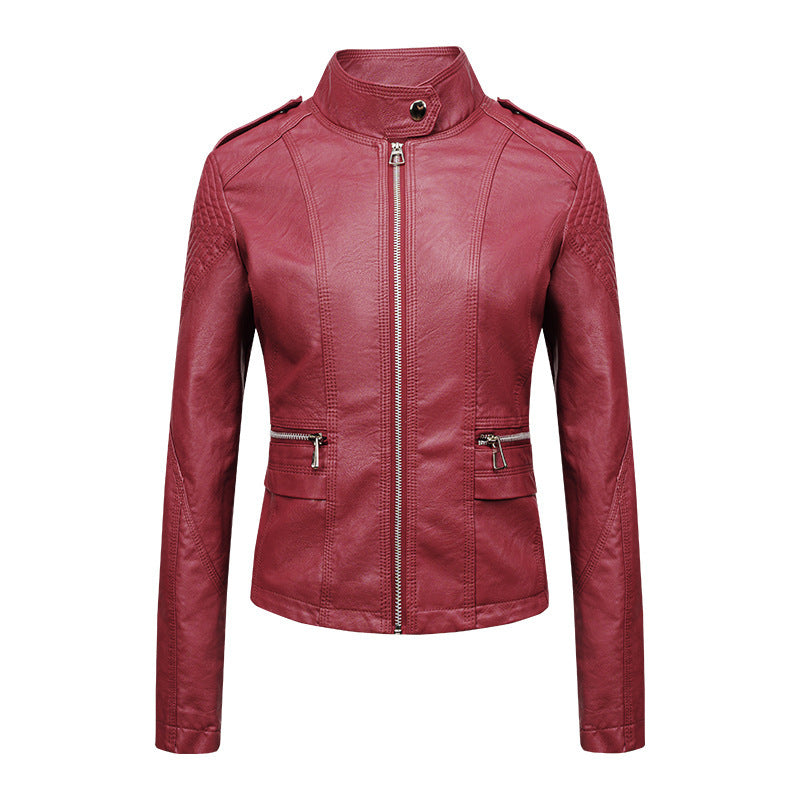 Women's Slim Fit PU Leather Motorcycle Jacket with Zipper Design