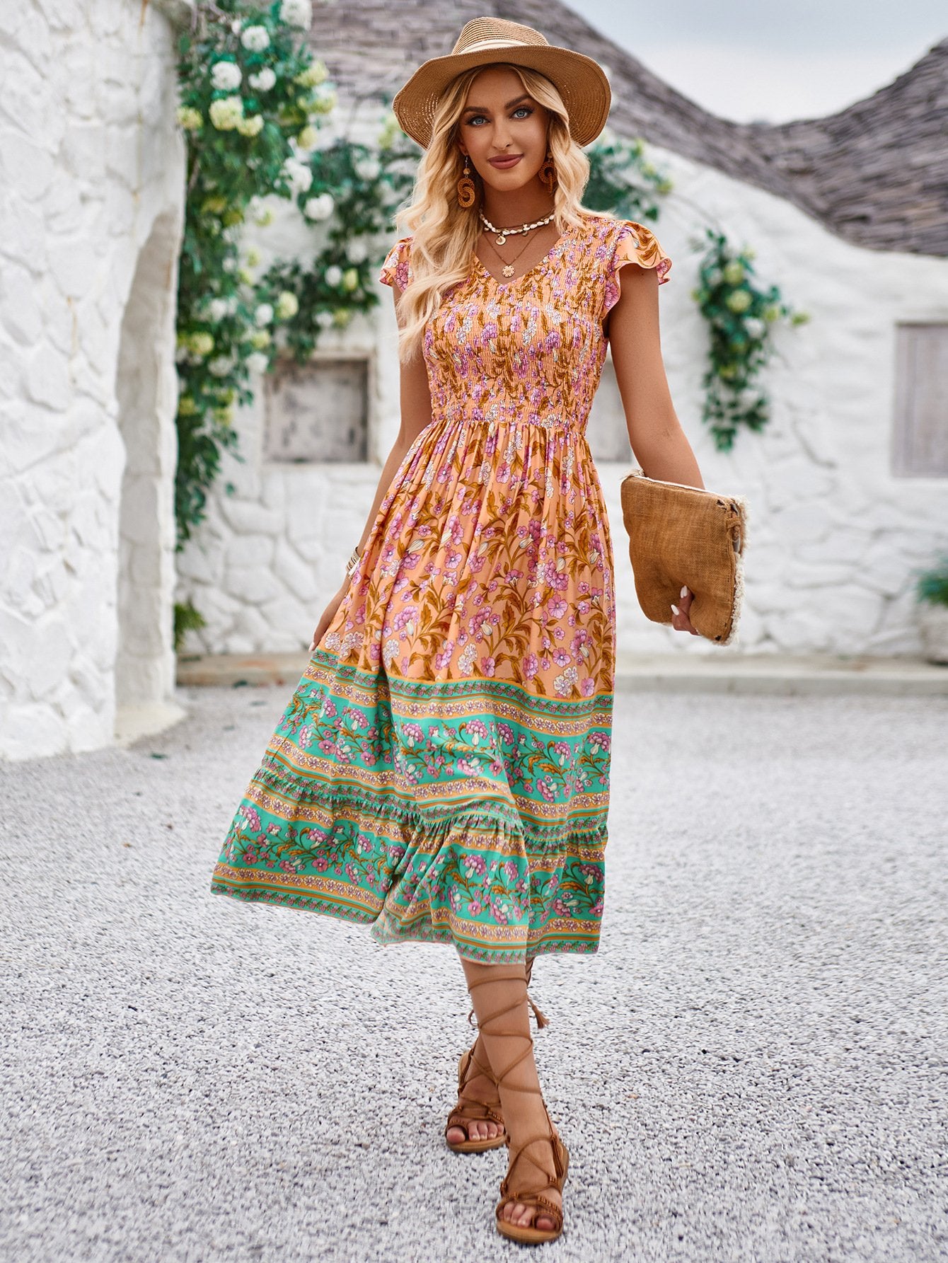 Women's Floral V-Neck Ruffle Sleeveless Bohemian Summer Beach Dress