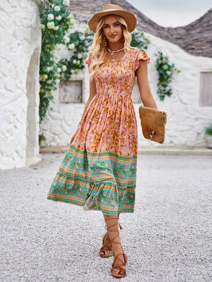 Women's Floral V-Neck Ruffle Sleeveless Bohemian Summer Beach Dress