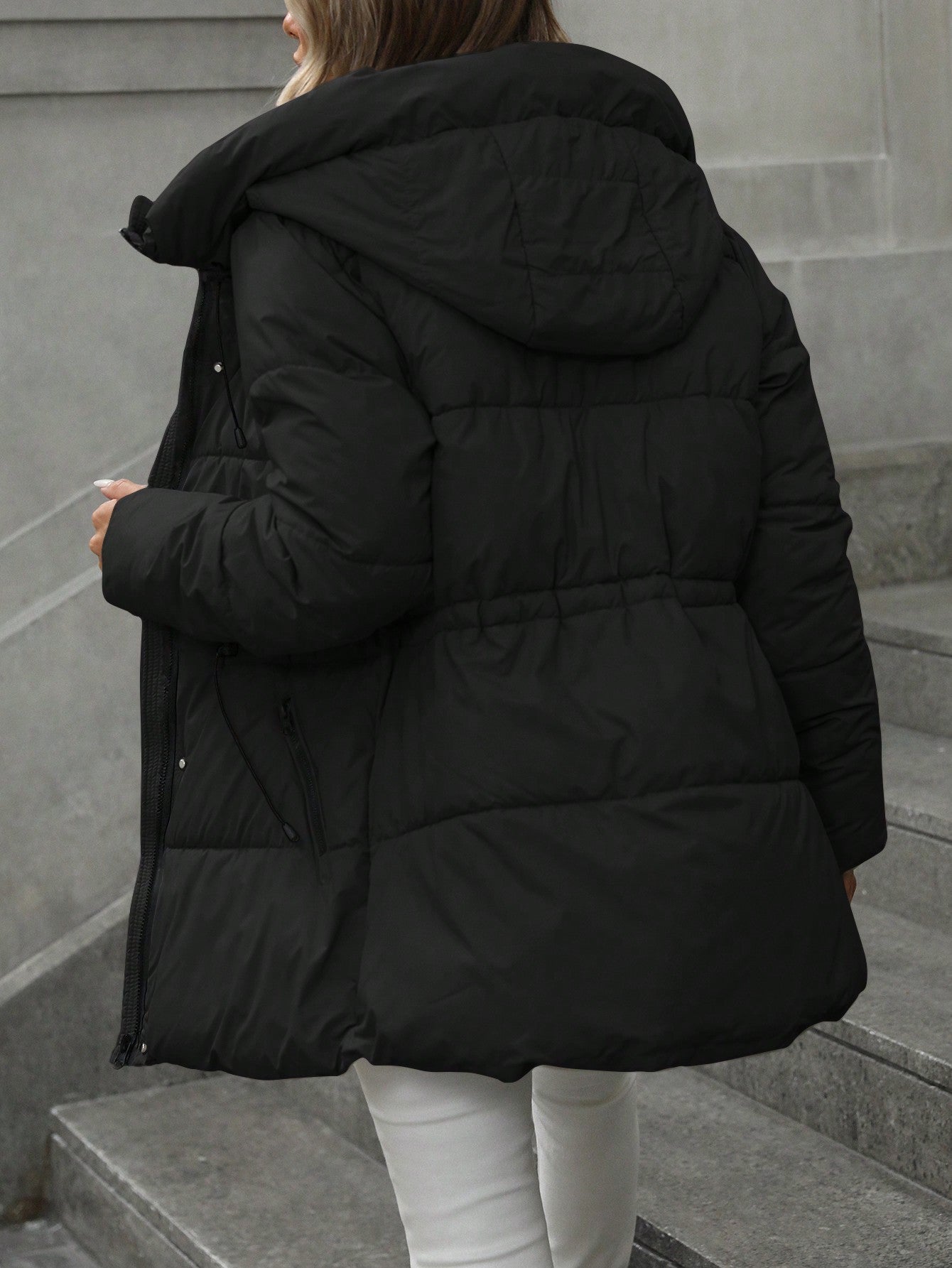 Women's Hooded Quilted Mid Length Winter Coat Adjustable Waist Warm