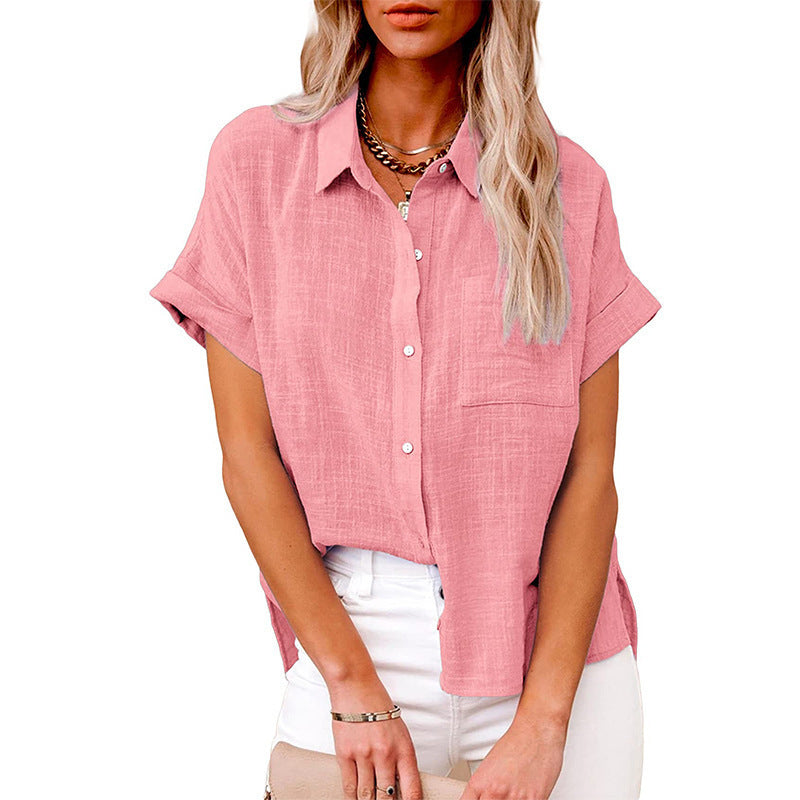 Women's Summer Cotton Short Sleeve Linen Lapel Button Shirt - LAKD London