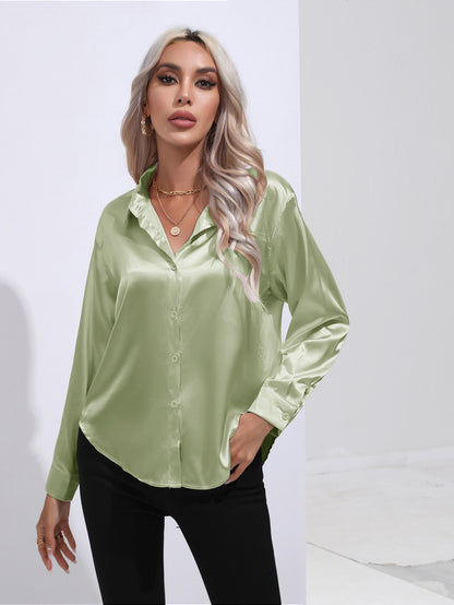Women's Premium Satin Solid Color Button Front Lapel Blouse Shirt - LAKD London