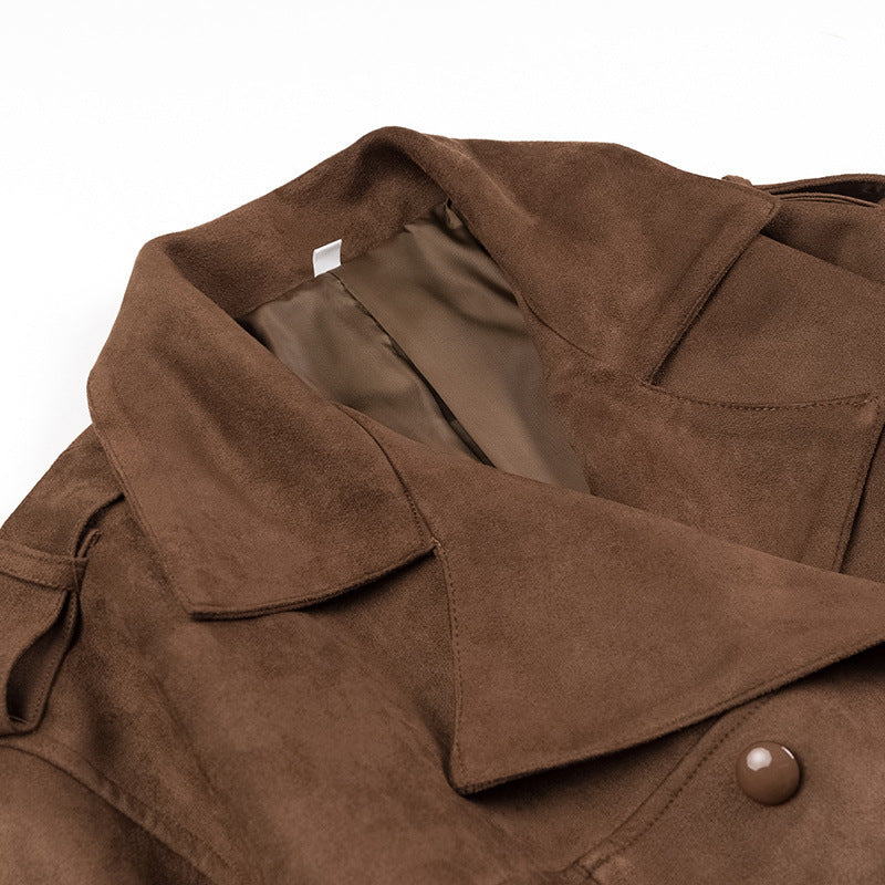 Women's Brown Velvet Lapel Double Breasted Belted Trench Coat - LAKD London