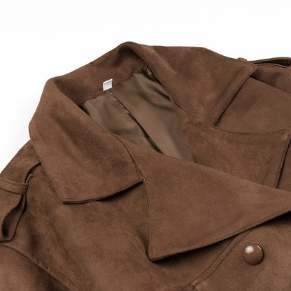 Women's Brown Velvet Lapel Double Breasted Belted Trench Coat - LAKD London