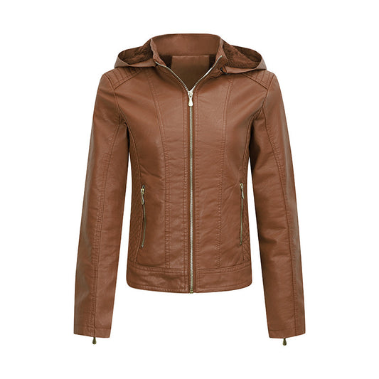 Women's Plush Hooded Leather Jacket Slim Fit Winter Warm Coat