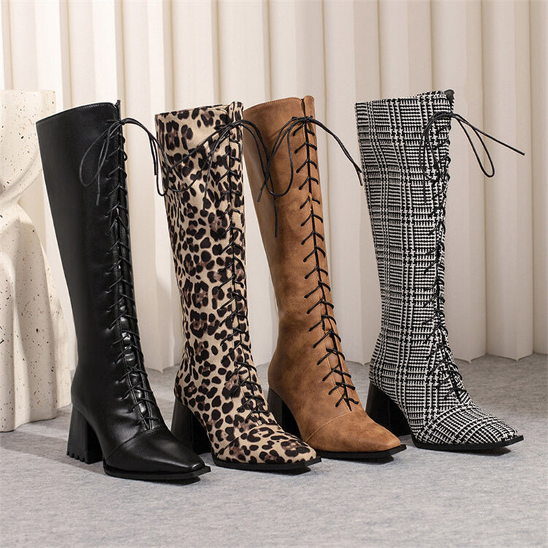 Womens Vintage Print Boots With Pointed Toes And Thick Heels - LAKD London