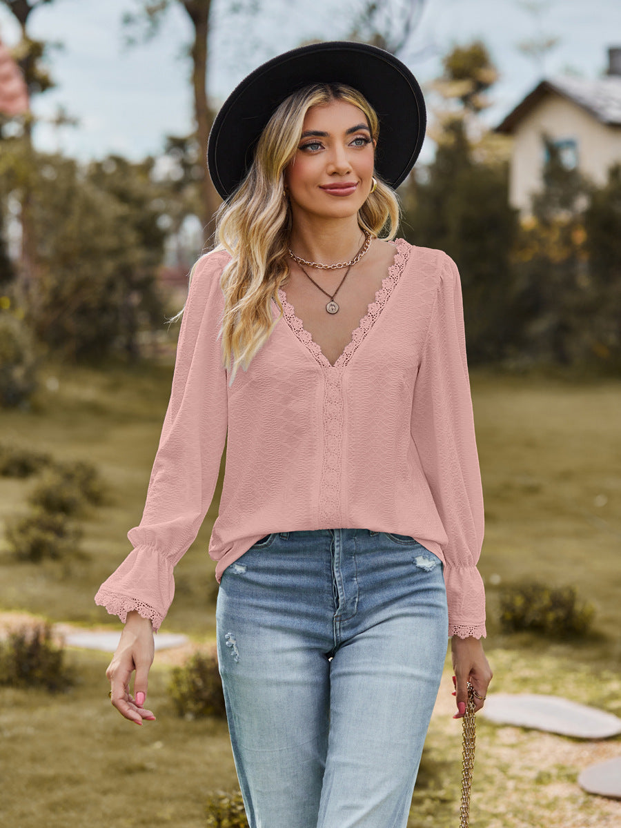 Women's Jacquard Lace V-Neck Long Sleeve Casual Blouse Top - LAKD London