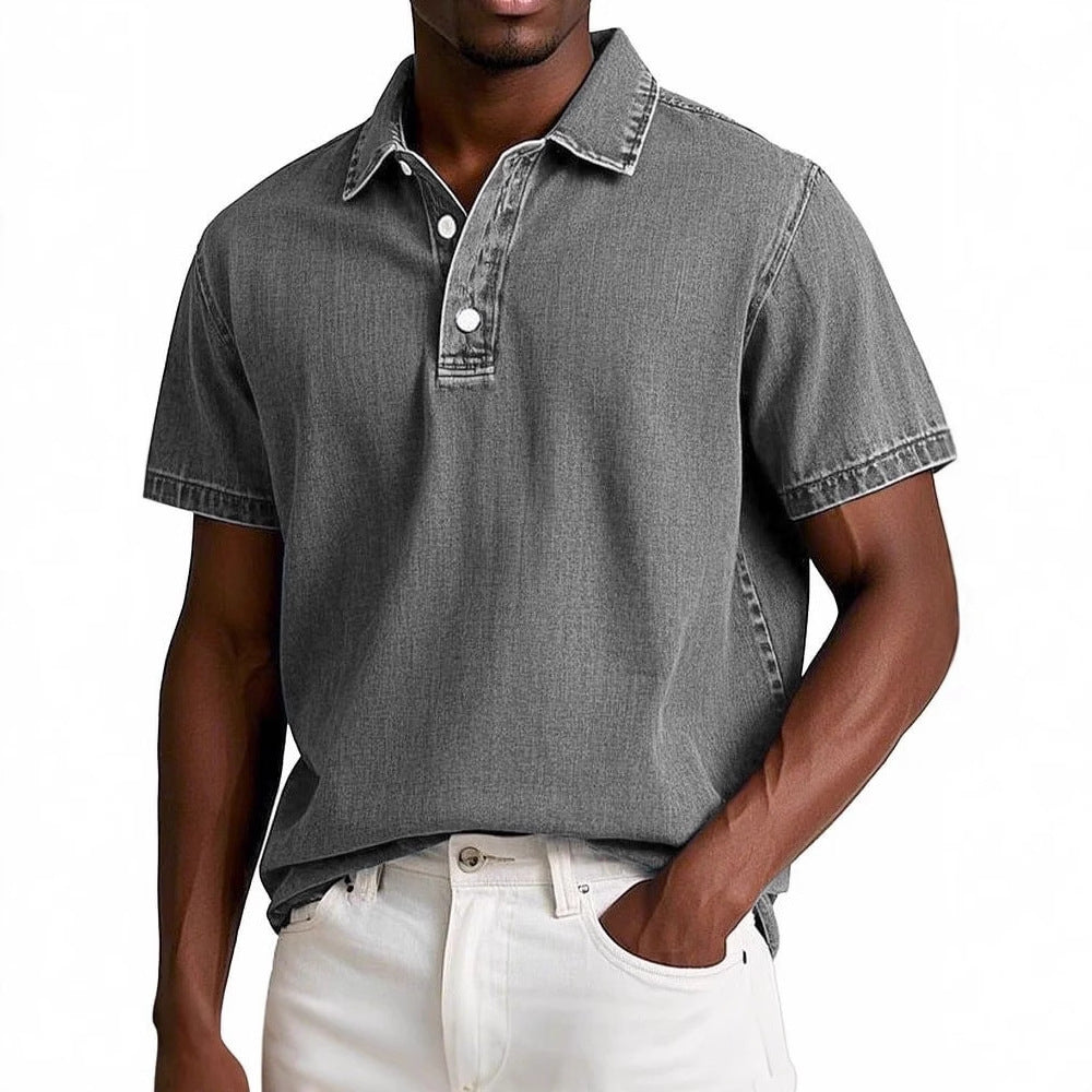 Men's Solid Colour Vintage Short Sleeve Lapel Polo Shirt Casual