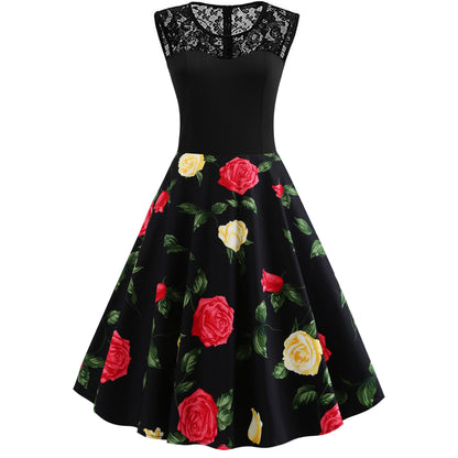Women's Sleeveless Floral Retro Dress Lace Stitching Mid Length Cotton - LAKD London
