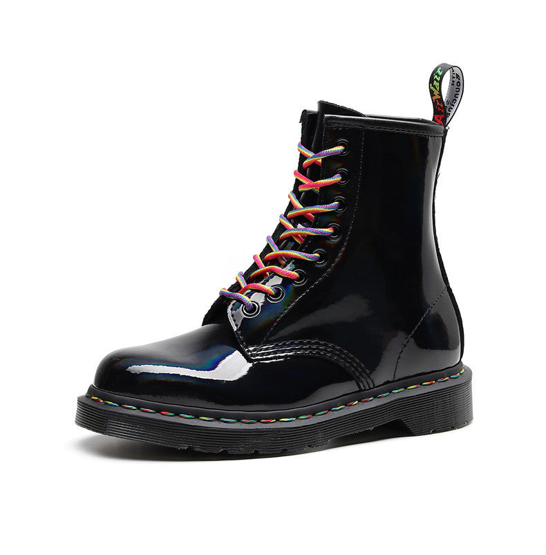 Women's High-top Glossy Martin Boots - Round Head Mirror Laser Military Boots - LAKD London