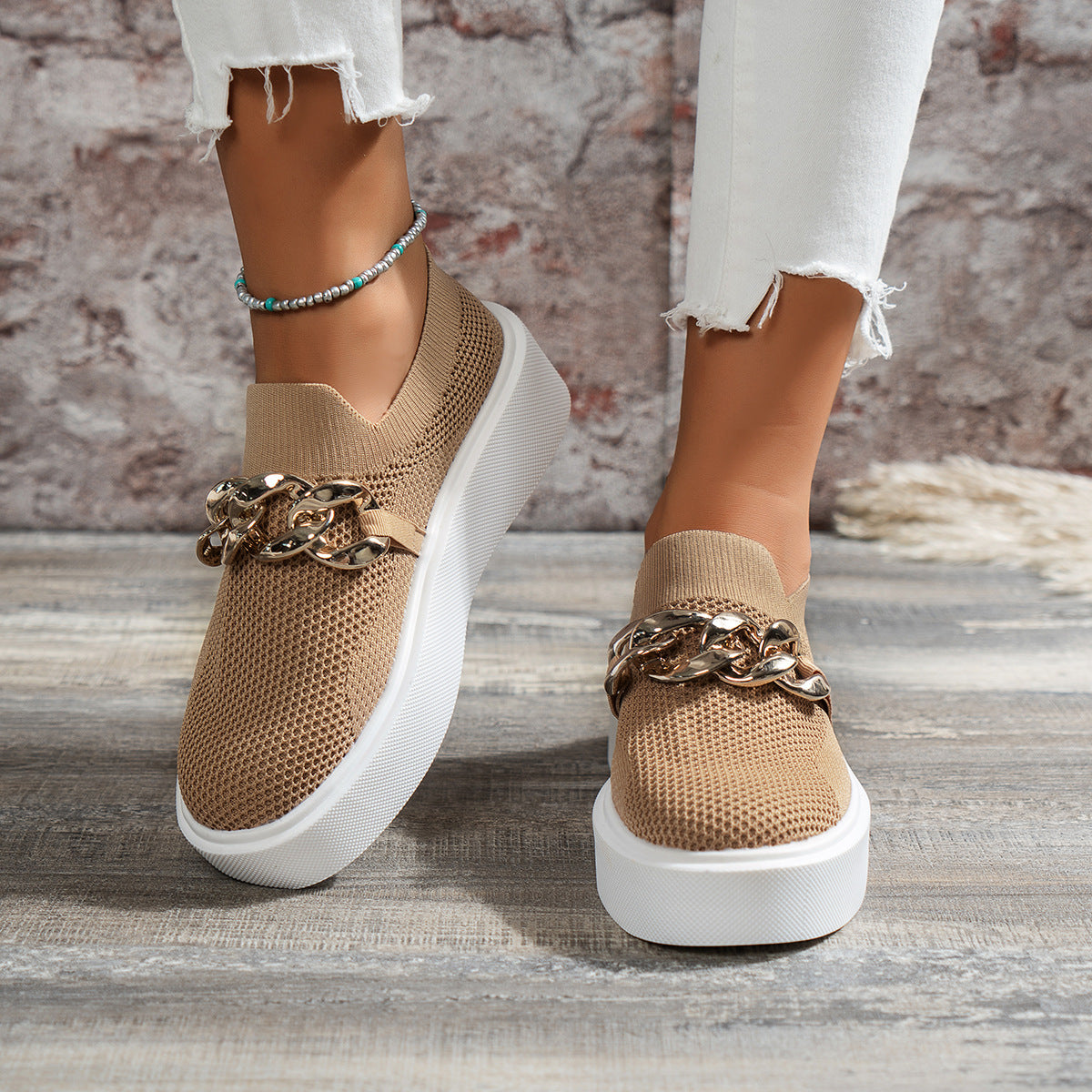Women's Breathable Mesh Chain Flats Comfortable Casual Walking Shoes