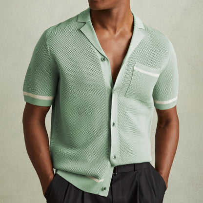 Men's Summer Knit Cuban Collar Short Sleeve Polo Shirt Casual