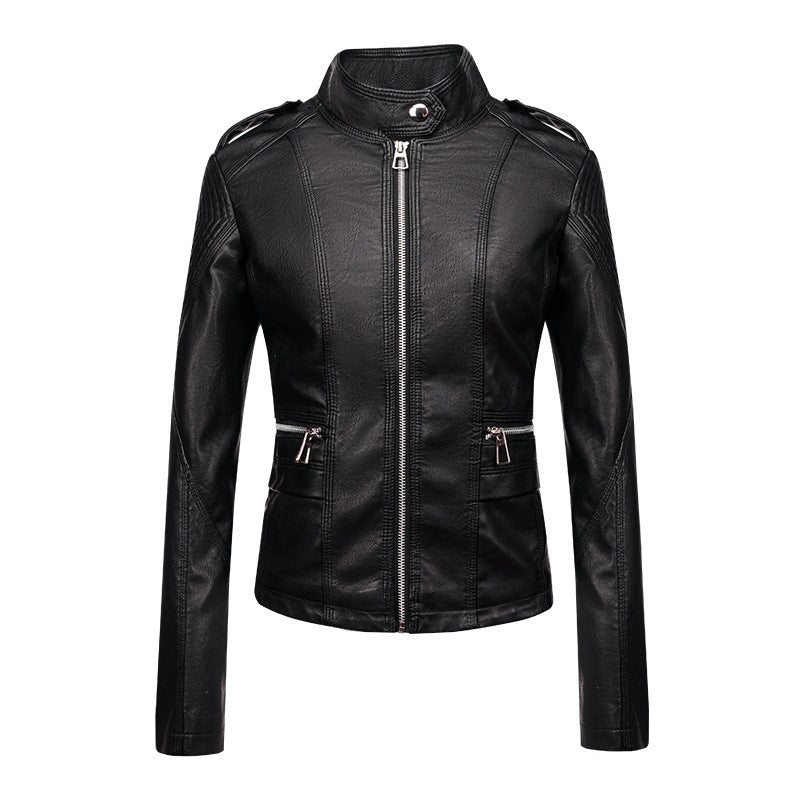 Women's Slim Fit PU Leather Motorcycle Jacket with Zipper Design