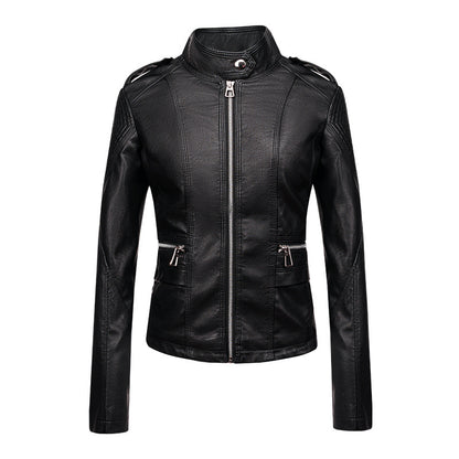 Women's Slim Fit PU Leather Motorcycle Jacket with Zipper Design