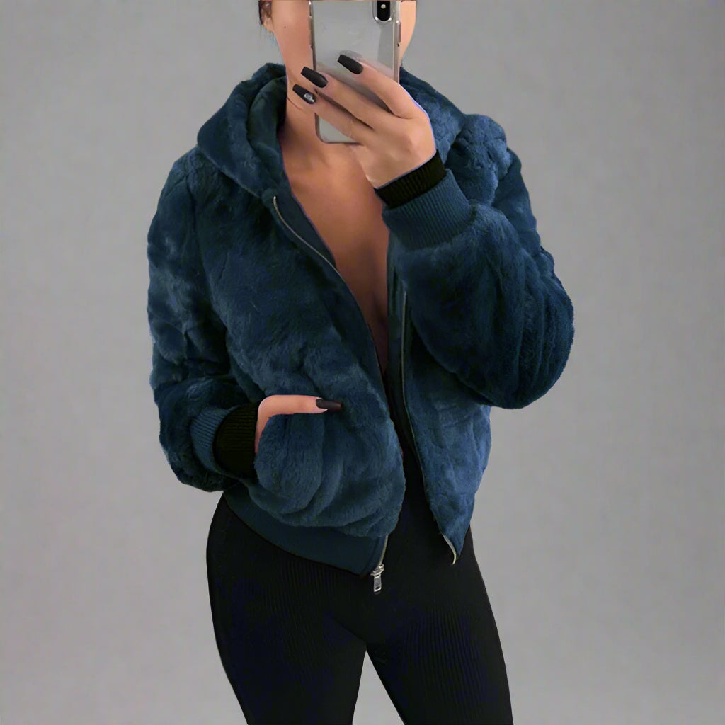 Women's Hooded Rabbit Faux Fur Plush Coat Bomber Jacket - LAKD London
