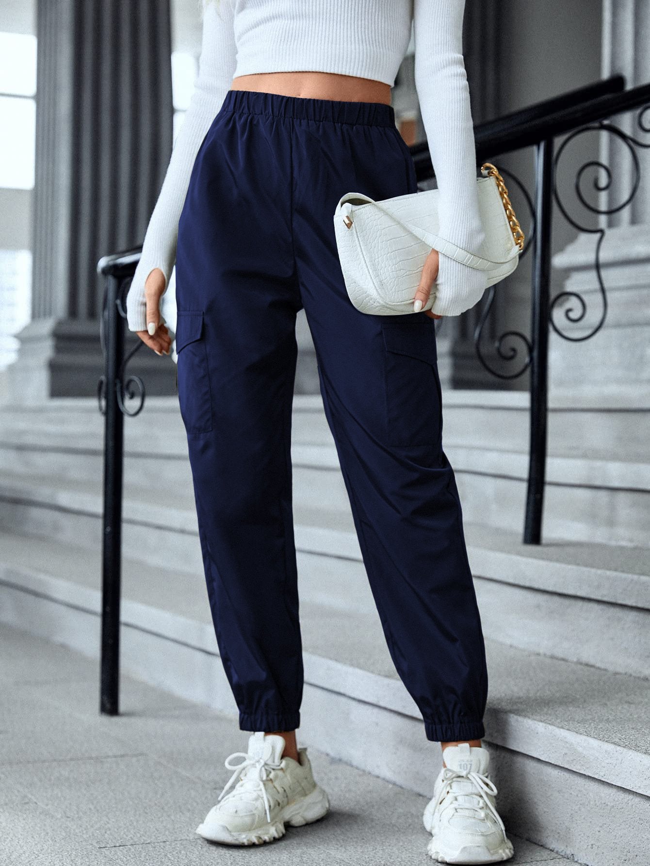 Women's Casual Cargo Pants Elastic Waist Slim Fit Utility Style
