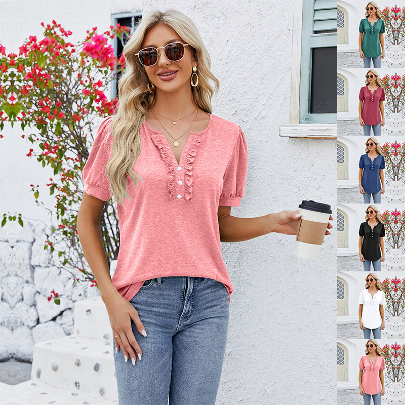 Women's Short Sleeve V Neck Summer Loose Fit T-Shirt - LAKD London