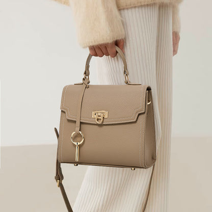 Women's Genuine Leather Litchi Pattern Vintage Lock Handbag