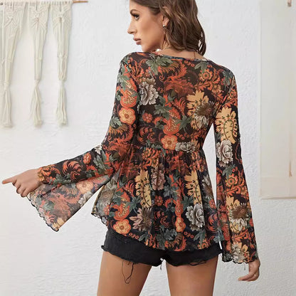 Women's Mesh Printed Knotted Flare Long Sleeve Top Casual T-shirt - LAKD London