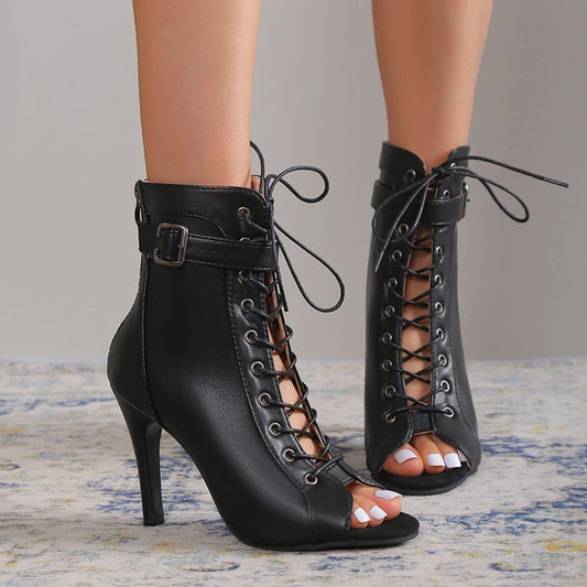 Women's Lace Up High Heel Peep Toe Sandals with Zipper