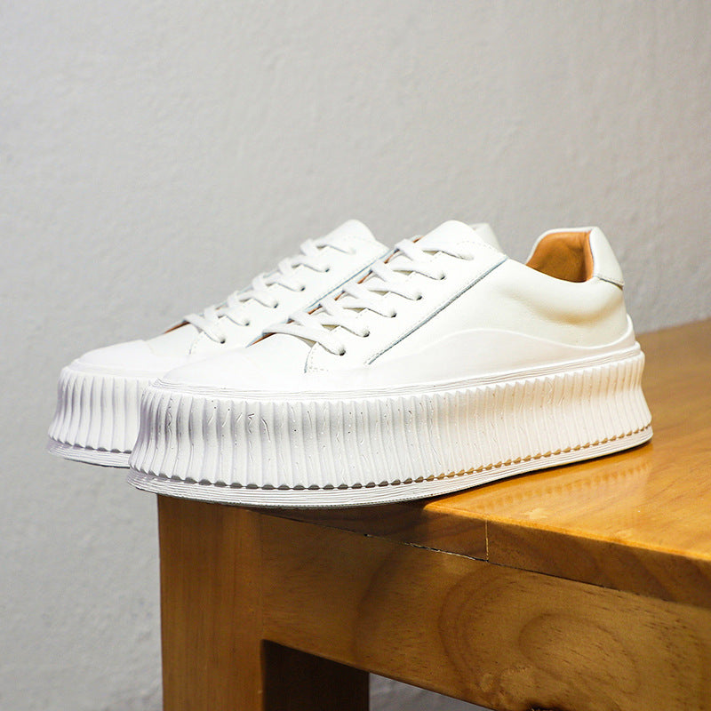 Women's Leather Platform Sneakers with Thick Sole Casual White Design