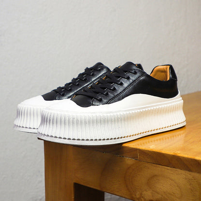 Women's Leather Platform Sneakers with Thick Sole Casual White Design