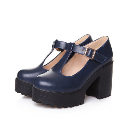 Women's Mary Jane Block Heel Platform T Strap Pumps Shoes - LAKD London