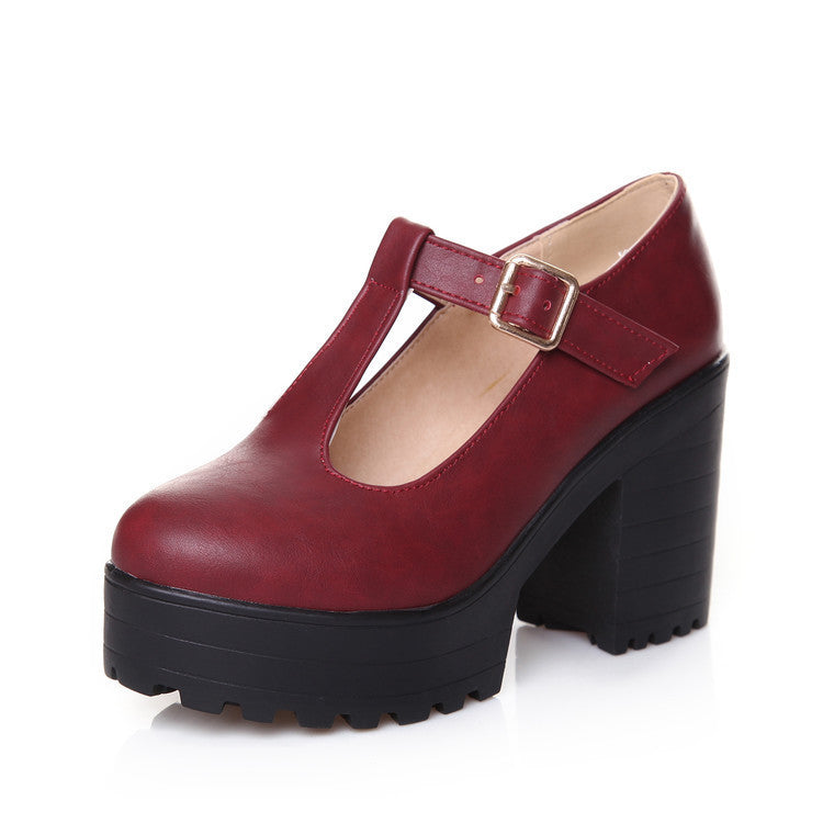 Women's Mary Jane Block Heel Platform T Strap Pumps Shoes - LAKD London