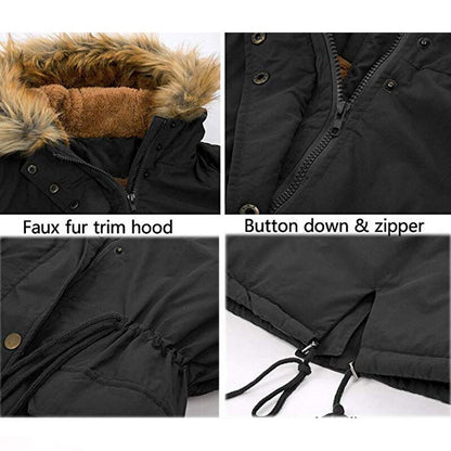Women's Hooded Fur Collar Velvet Lined Medium Winter Jacket