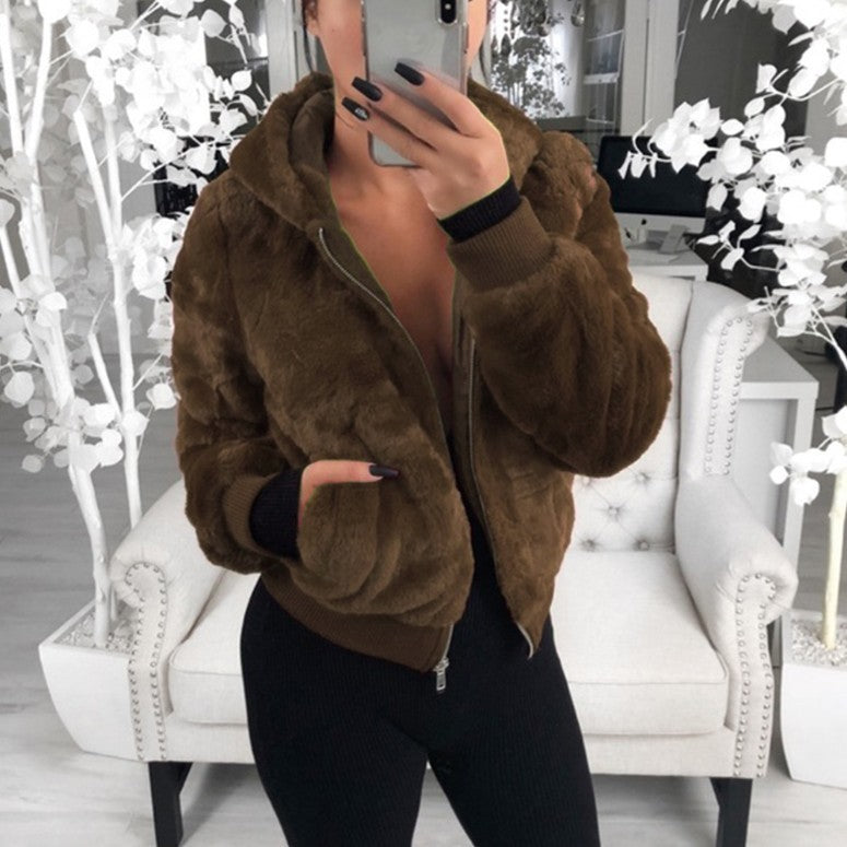Women's Hooded Rabbit Faux Fur Plush Coat Bomber Jacket - LAKD London