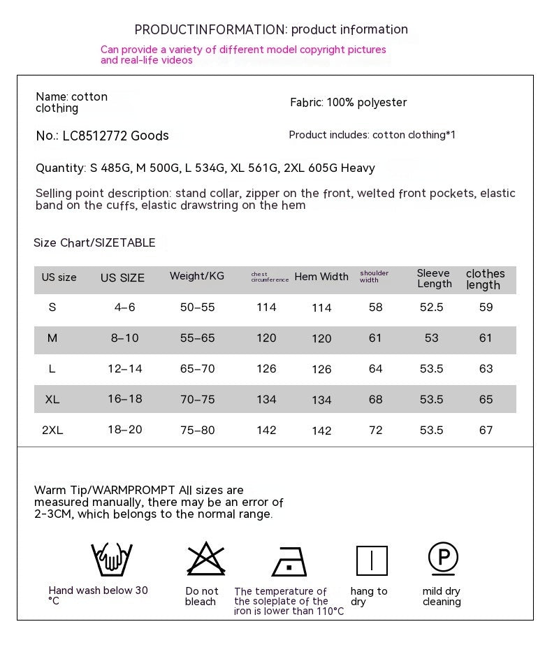 Women's Winter Thickened Cotton Padded Coat with Stand Collar Design