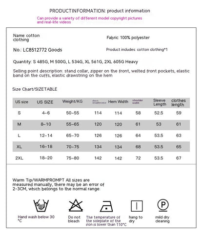 Women's Winter Thickened Cotton Padded Coat with Stand Collar Design