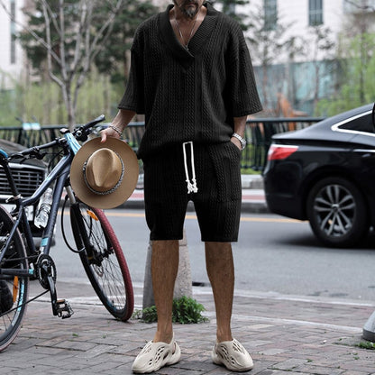 Men's Casual Jacquard Summer Two-Piece V-Neck Shorts Set