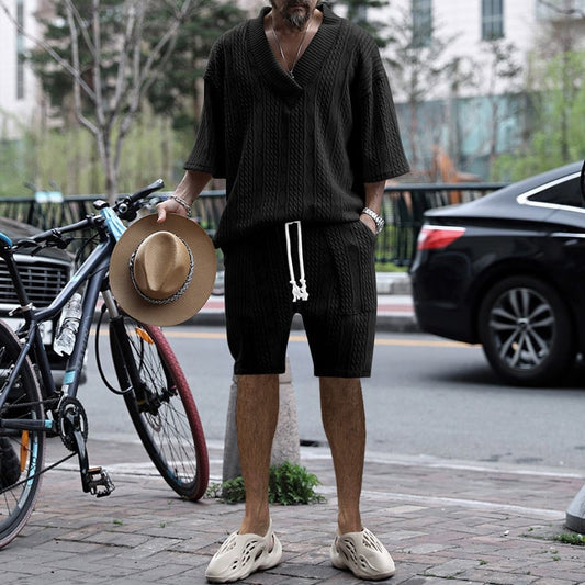 Men's Casual Jacquard Summer Two-Piece V-Neck Shorts Set