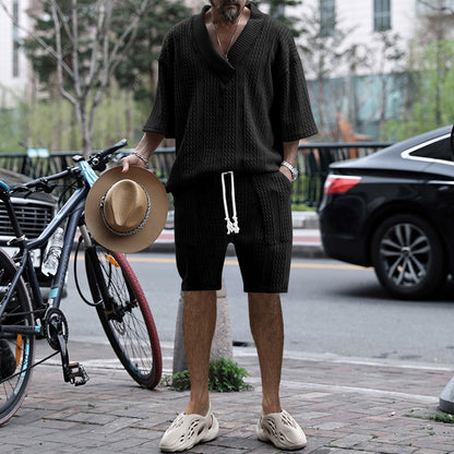 Men's Casual Jacquard Summer Two-Piece V-Neck Shorts Set