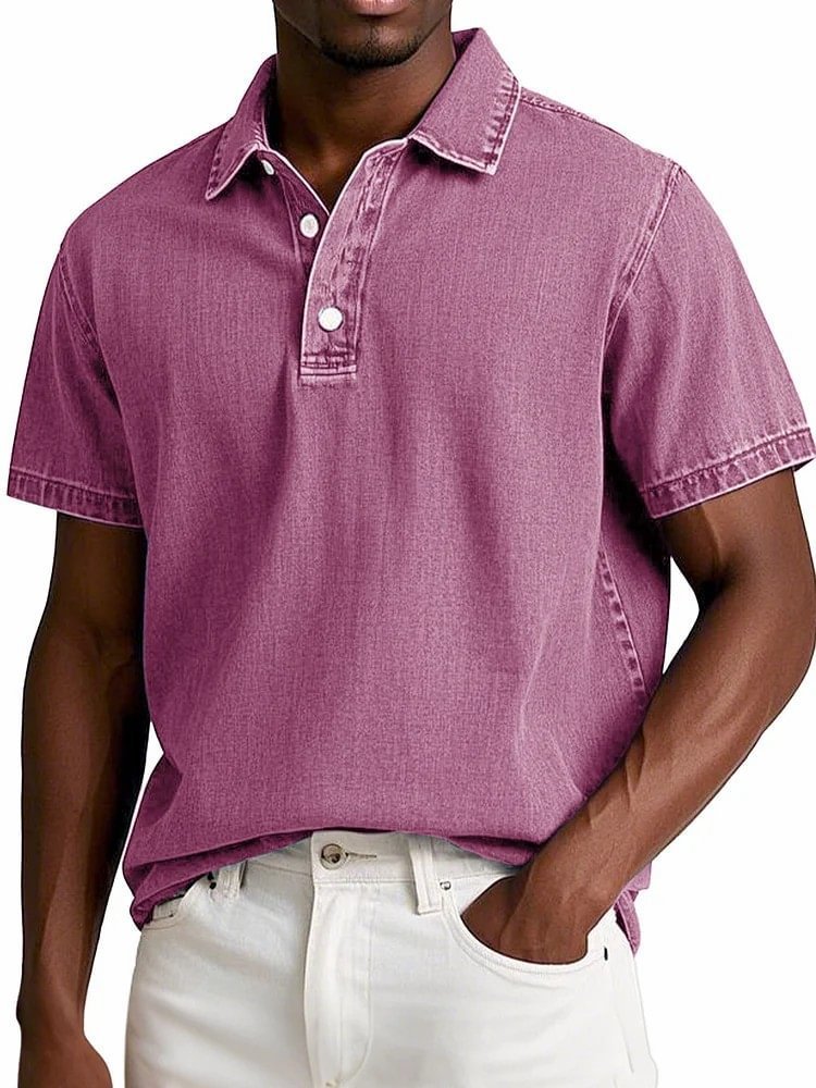 Men's Solid Colour Vintage Short Sleeve Lapel Polo Shirt Casual