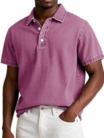 Men's Solid Colour Vintage Short Sleeve Lapel Polo Shirt Casual