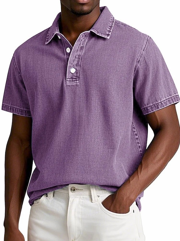 Men's Solid Colour Vintage Short Sleeve Lapel Polo Shirt Casual