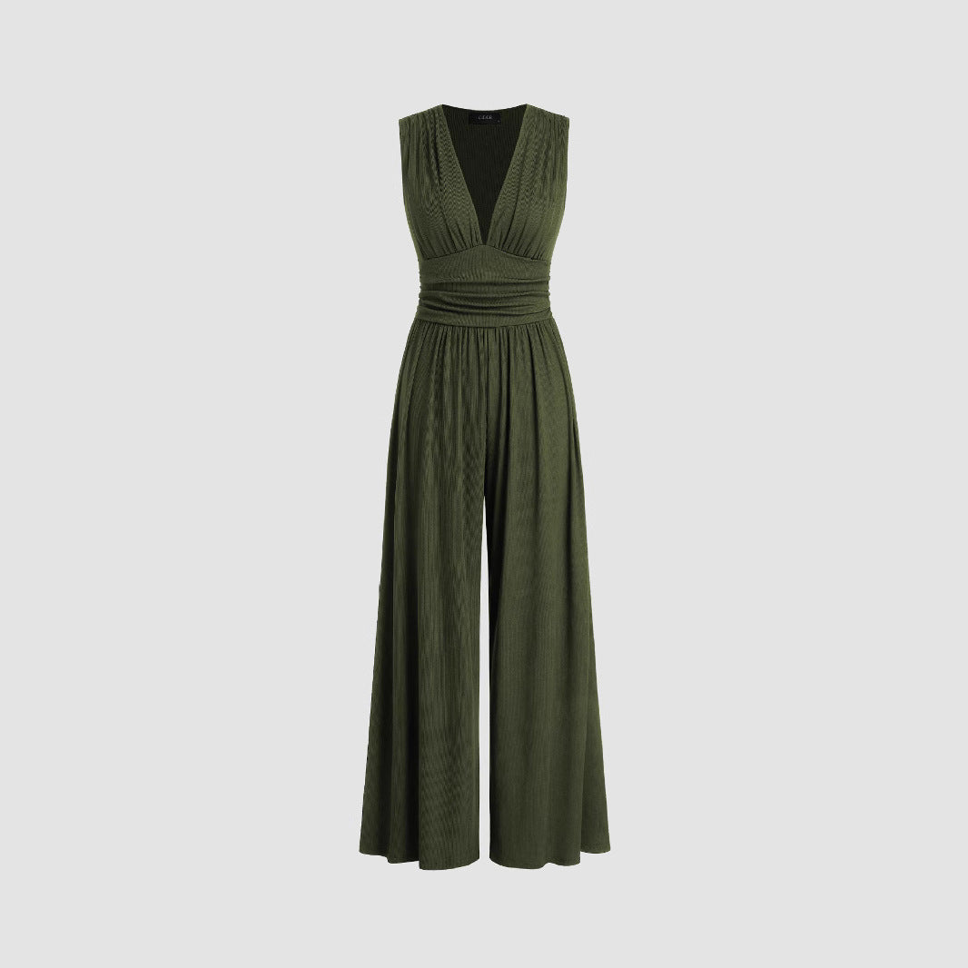 Women's Sleeveless Knitted Midi Jumpsuit Wide Leg Summer Office Style