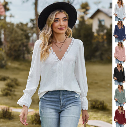 Women's Jacquard Lace V-Neck Long Sleeve Casual Blouse Top - LAKD London