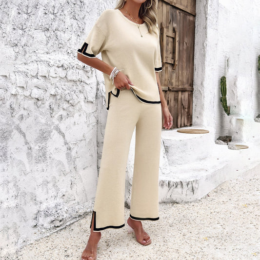 Women's Black Striped Knitted Two-Piece Summer Lounge Set Casual